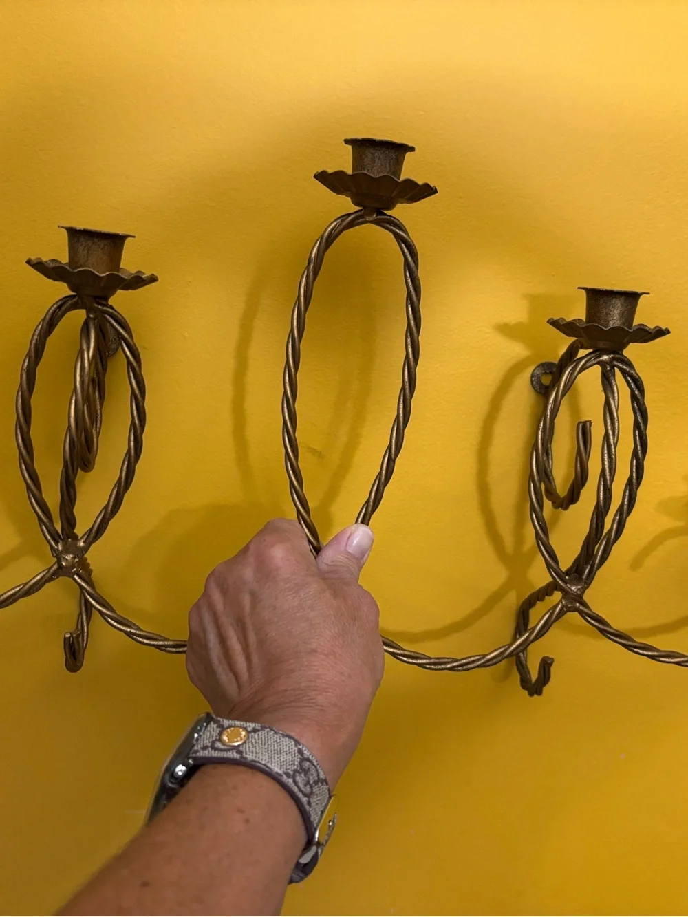 Vintage Gold Twisted Metal Wall Sconce Trio - Decorative Candle Holder